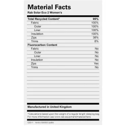 Rab Womens Solar Eco 2 Synthetic Sleeping Bag